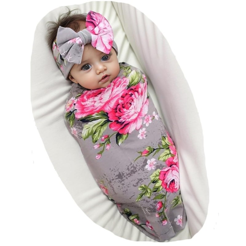 Galabloomer Newborn Receiving Blanket Headband Set Baby Flower Rose Swaddle with Big Bow (Gray) - Image 1